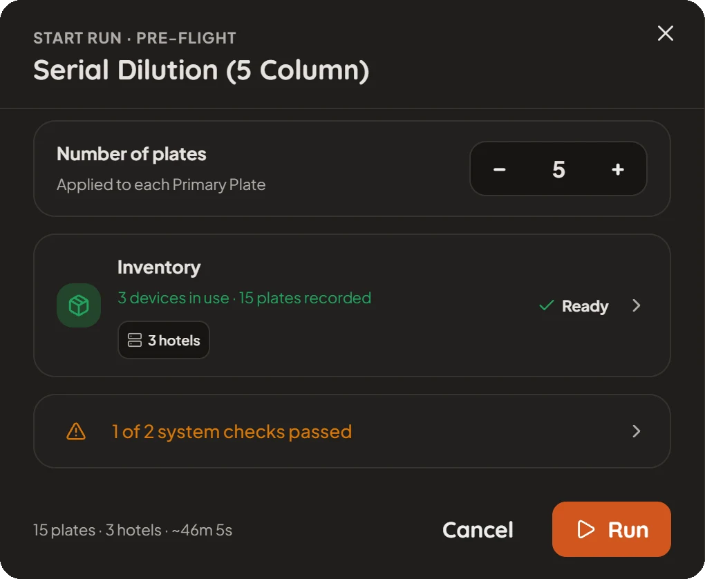 Fusion pre-flight check before starting a run: number of plates, inventory ready, and system checks