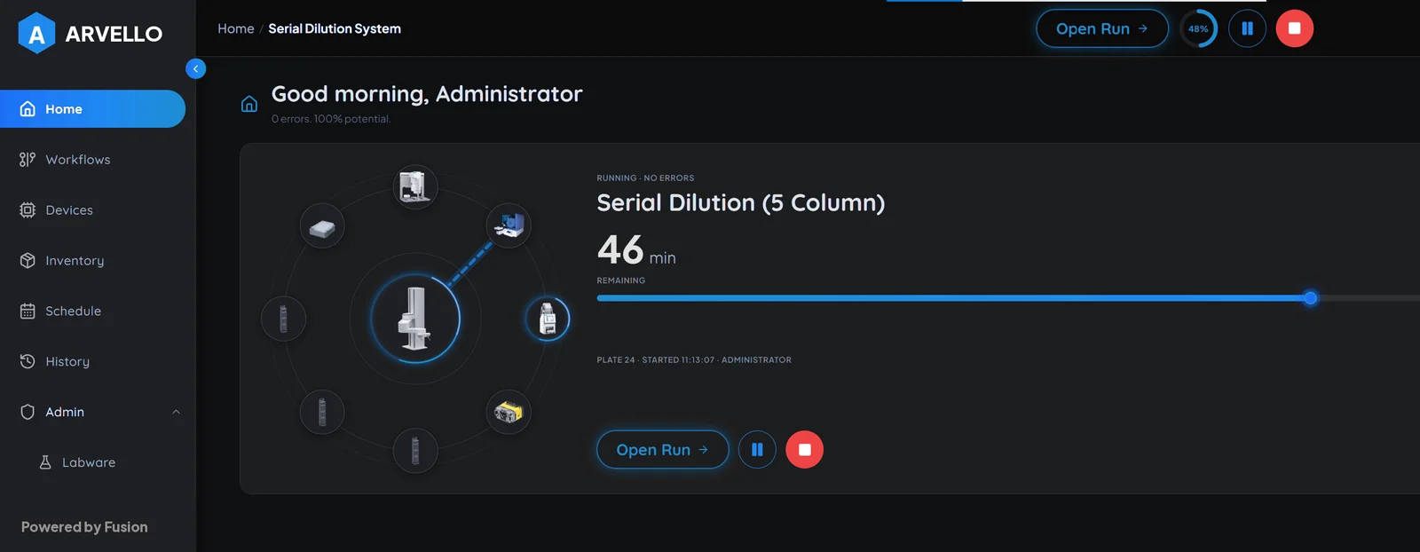 The same dashboard rebranded for the example company Arvello Instruments in blue